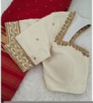 Hand Embroidered Raw Silk Blouse: Cream Zardosi Work, Elbow Sleeves