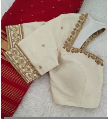 Hand Embroidered Raw Silk Blouse: Cream Zardosi Work, Elbow Sleeves