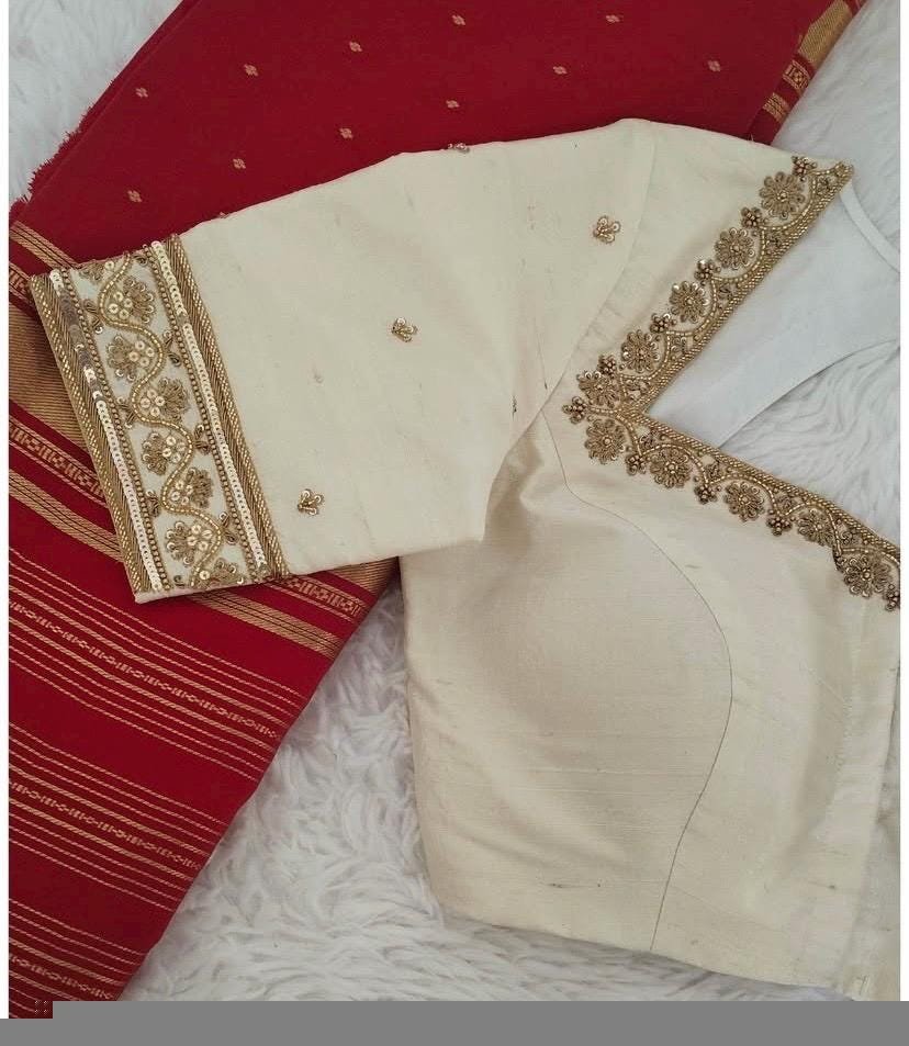 Hand Embroidered Raw Silk Blouse: Cream Zardosi Work, Elbow Sleeves