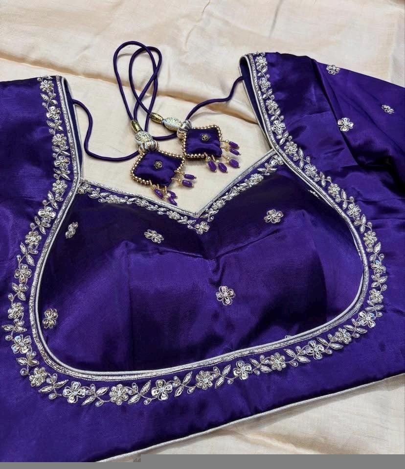 Hand Embroidered Silk Saree Blouse: Purple Zardosi Maggam Work