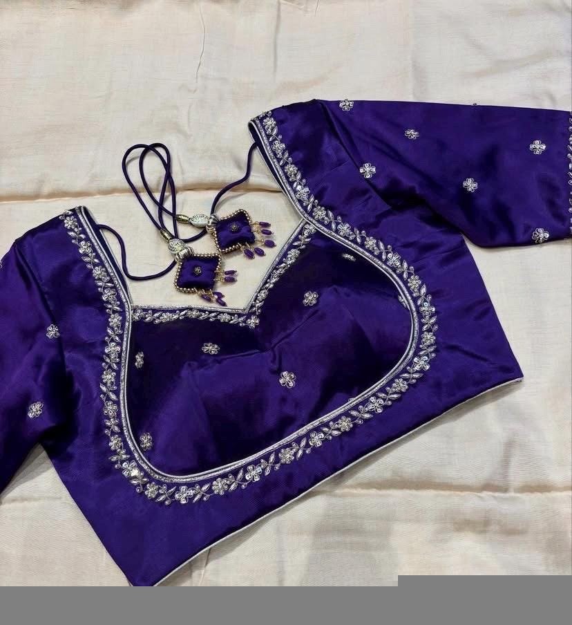 Hand Embroidered Silk Saree Blouse: Purple Zardosi Maggam Work