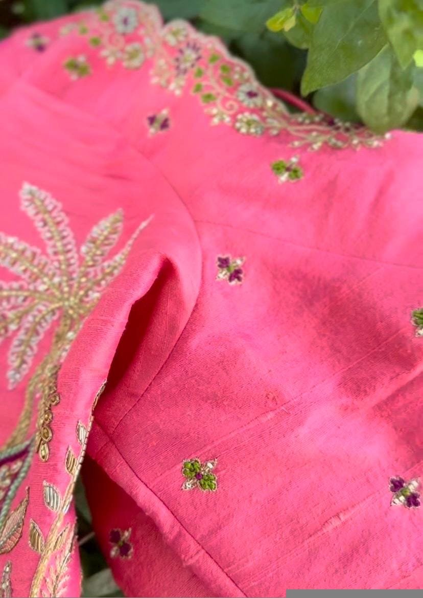 Hand Embroidered Silk Blouse: Light Pink Zardosi Maggam Work