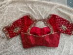 Red Silk Hand Embroidered Saree Blouse: Zardosi Maggam Work
