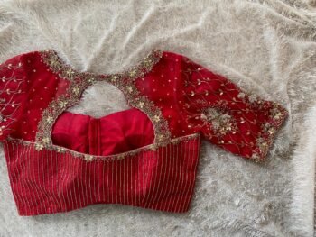 Red Silk Hand Embroidered Saree Blouse: Zardosi Maggam Work
