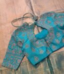 Hand Embroidered Silk Saree Blouse: Turquoise Blue Swarovski Zardosi