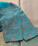 Hand Embroidered Silk Saree Blouse: Turquoise Blue Swarovski Zardosi
