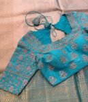 Hand Embroidered Silk Saree Blouse: Turquoise Blue Swarovski Zardosi