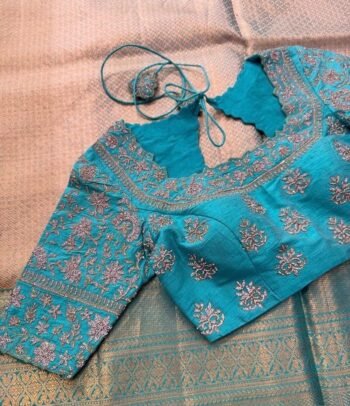 Hand Embroidered Silk Saree Blouse: Turquoise Blue Swarovski Zardosi