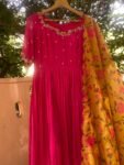 Hand Embroidered Pink Chanderi Anarkali Dress: Floral Dupatta, Indian Suit