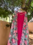 Hand Embroidered Pink Chanderi Silk Anarkali Dress: Floral Dupatta