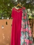 Hand Embroidered Pink Chanderi Silk Anarkali Dress: Floral Dupatta