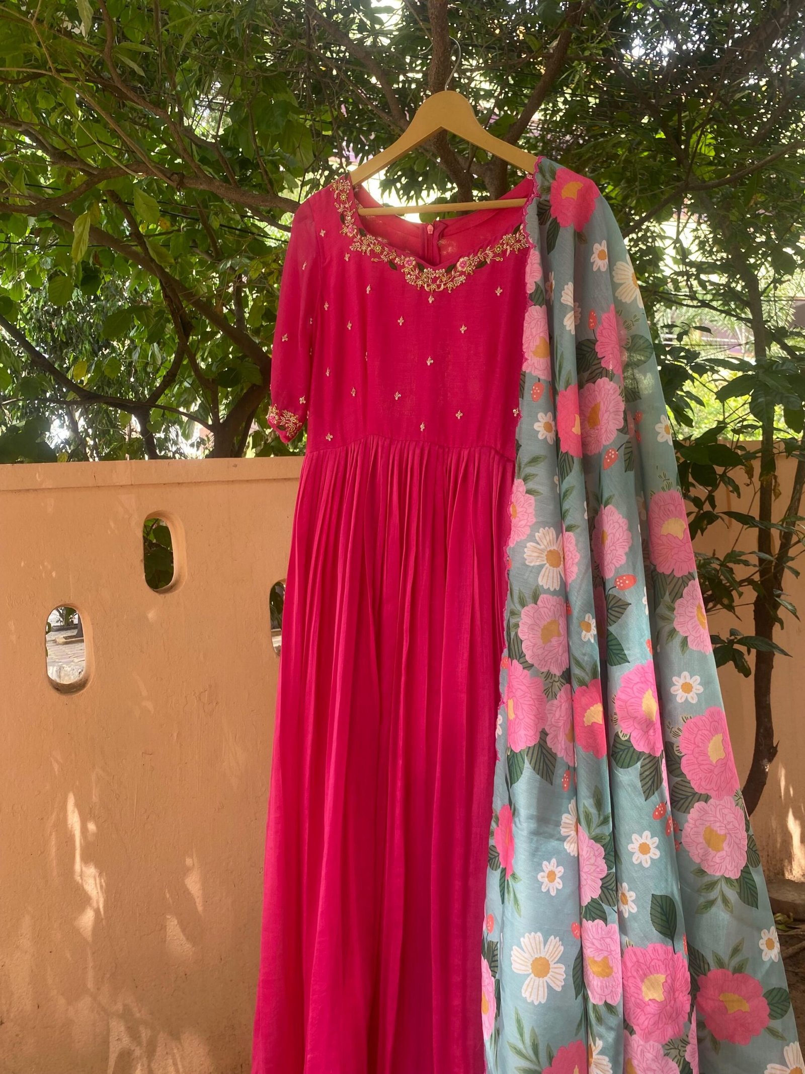 Hand Embroidered Pink Chanderi Silk Anarkali Dress: Floral Dupatta