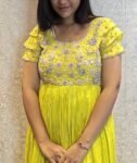Hand Embroidered Yellow Silk Anarkali Dress: Indian Party Wedding Outfit