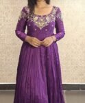 Hand Embroidered Purple Anarkali Dress: Chinnon Silk Indian Suit