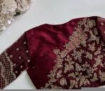 Hand Embroidered Zardosi Silk Blouse: Maroon Red Saree Top