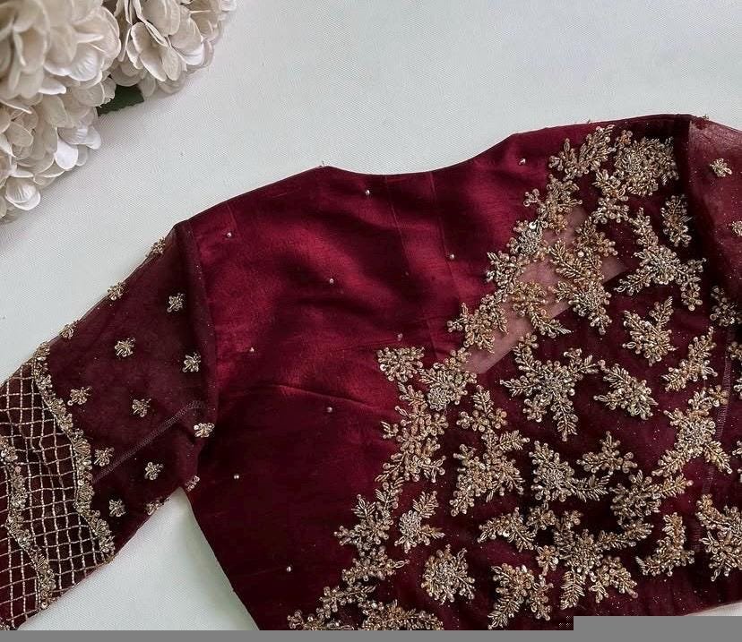 Hand Embroidered Zardosi Silk Blouse: Maroon Red Saree Top