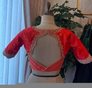 Hand Embroidered Zardosi Silk Blouse: Orange Saree Top