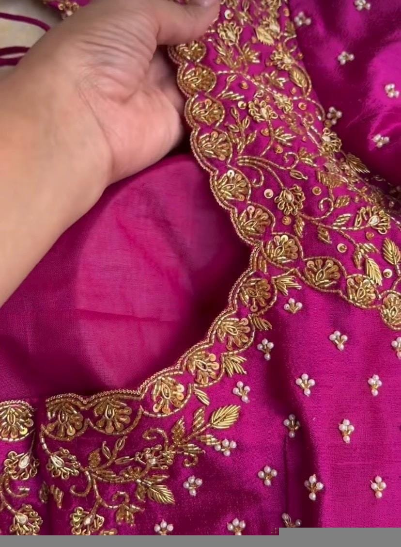 Magenta Pink Silk Hand Embroidered Blouse: Zardosi Wedding Sari Top