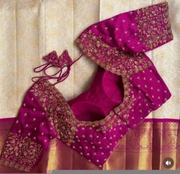 Magenta Pink Silk Hand Embroidered Blouse: Zardosi Wedding Sari Top