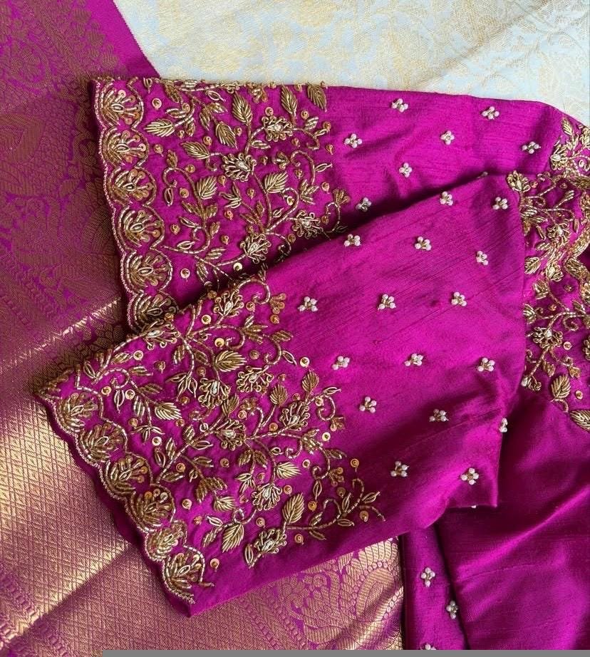Magenta Pink Silk Hand Embroidered Blouse: Zardosi Wedding Sari Top