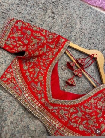 Hand Embroidered Red Silk Bridal Blouse: Zardosi Wedding Crop Top