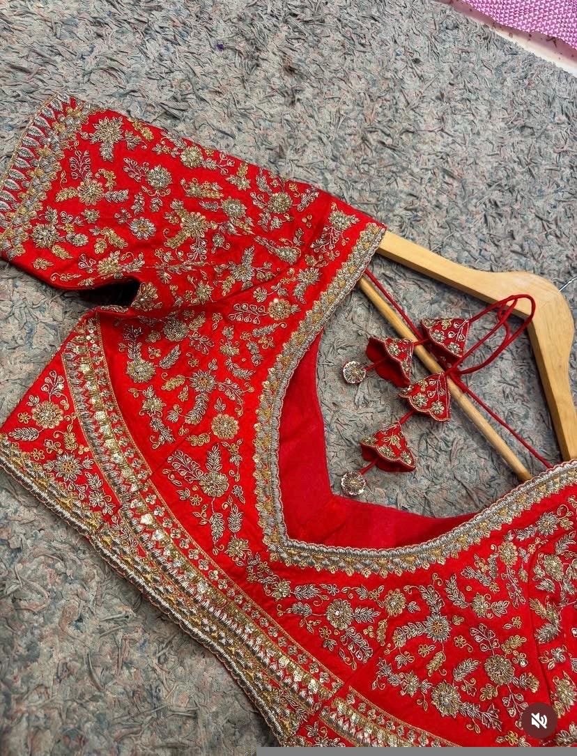 Hand Embroidered Red Silk Bridal Blouse: Zardosi Wedding Crop Top