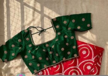 Hand Embroidered Silk Saree Blouse: Green Zardosi Maggam Work