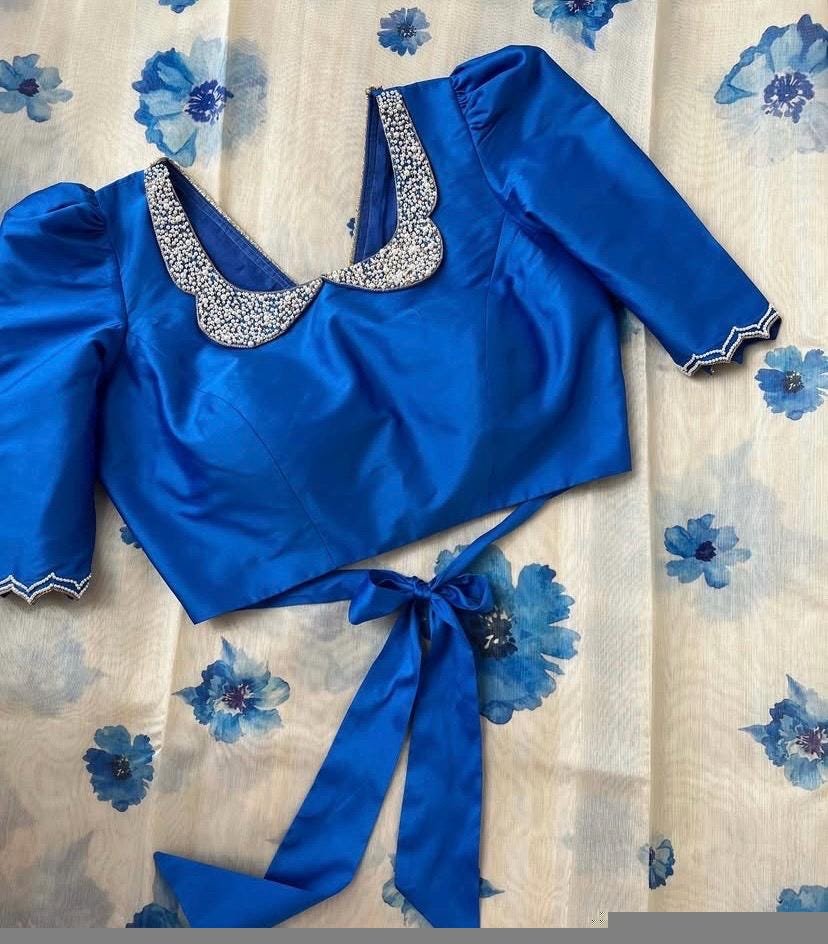 Blue hand embroidery blouse/blue maggam blouse/puff sleeve blouse/hand embroidered blouse/ready made blouse zardosi/blue collar work blouse