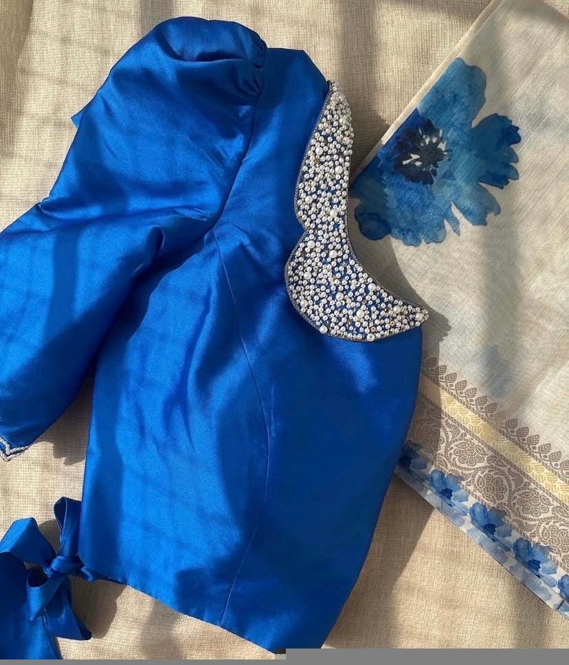 Blue hand embroidery blouse/blue maggam blouse/puff sleeve blouse/hand embroidered blouse/ready made blouse zardosi/blue collar work blouse