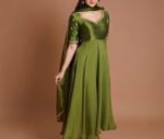 Hand Embroidered Silk Chanderi Anarkali Suit: Mehendi Green Indian Dress