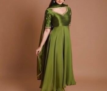 Hand Embroidered Silk Chanderi Anarkali Suit: Mehendi Green Indian Dress