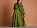 Hand Embroidered Silk Chanderi Anarkali Suit: Mehendi Green Indian Dress