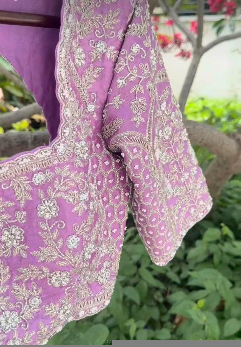 Lavender Silk Bridal Blouse: Hand Embroidered Zardosi Maggam Work