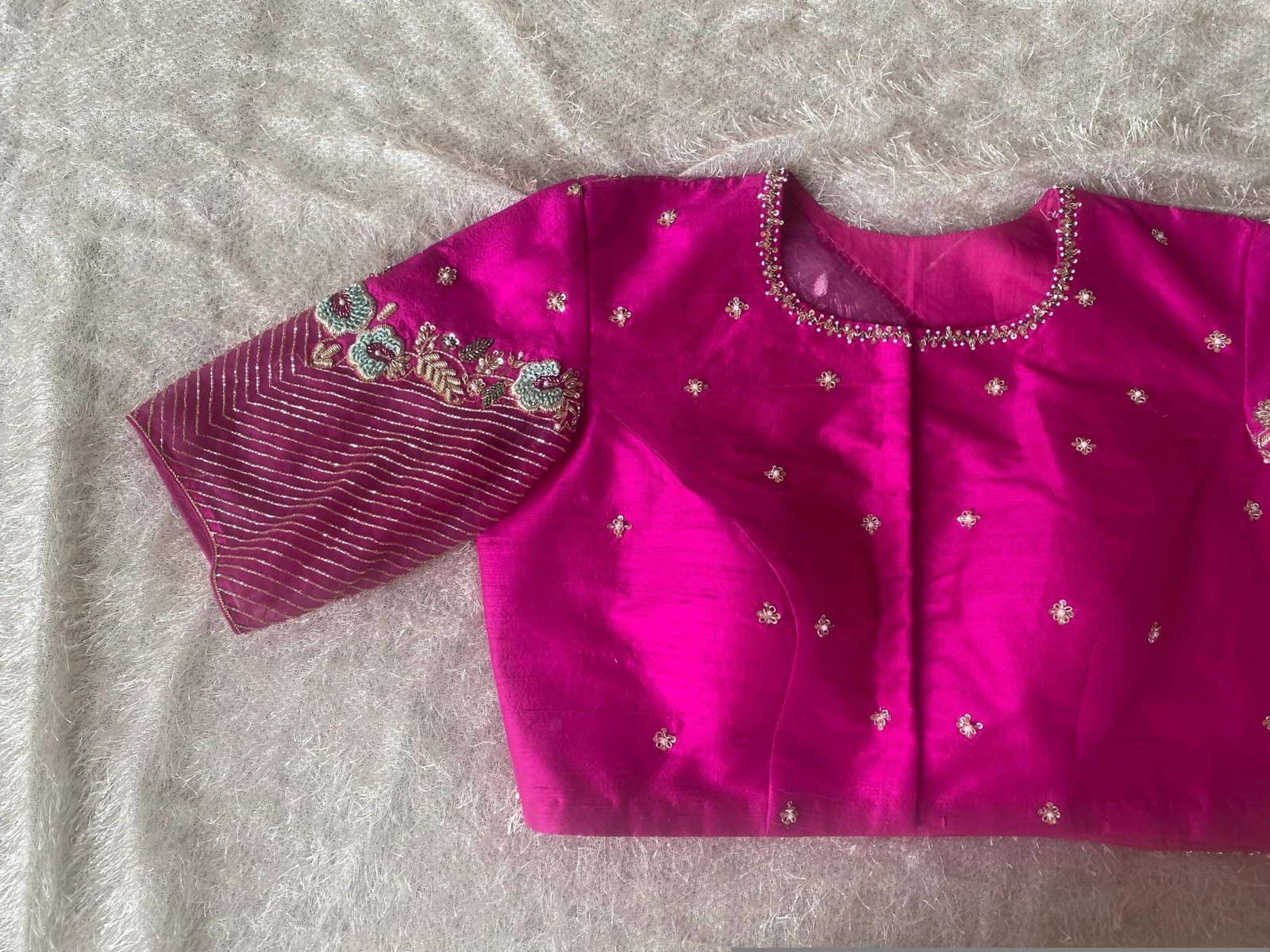 Hand Embroidered Silk Blouse: Pink Zardosi Maggam Work