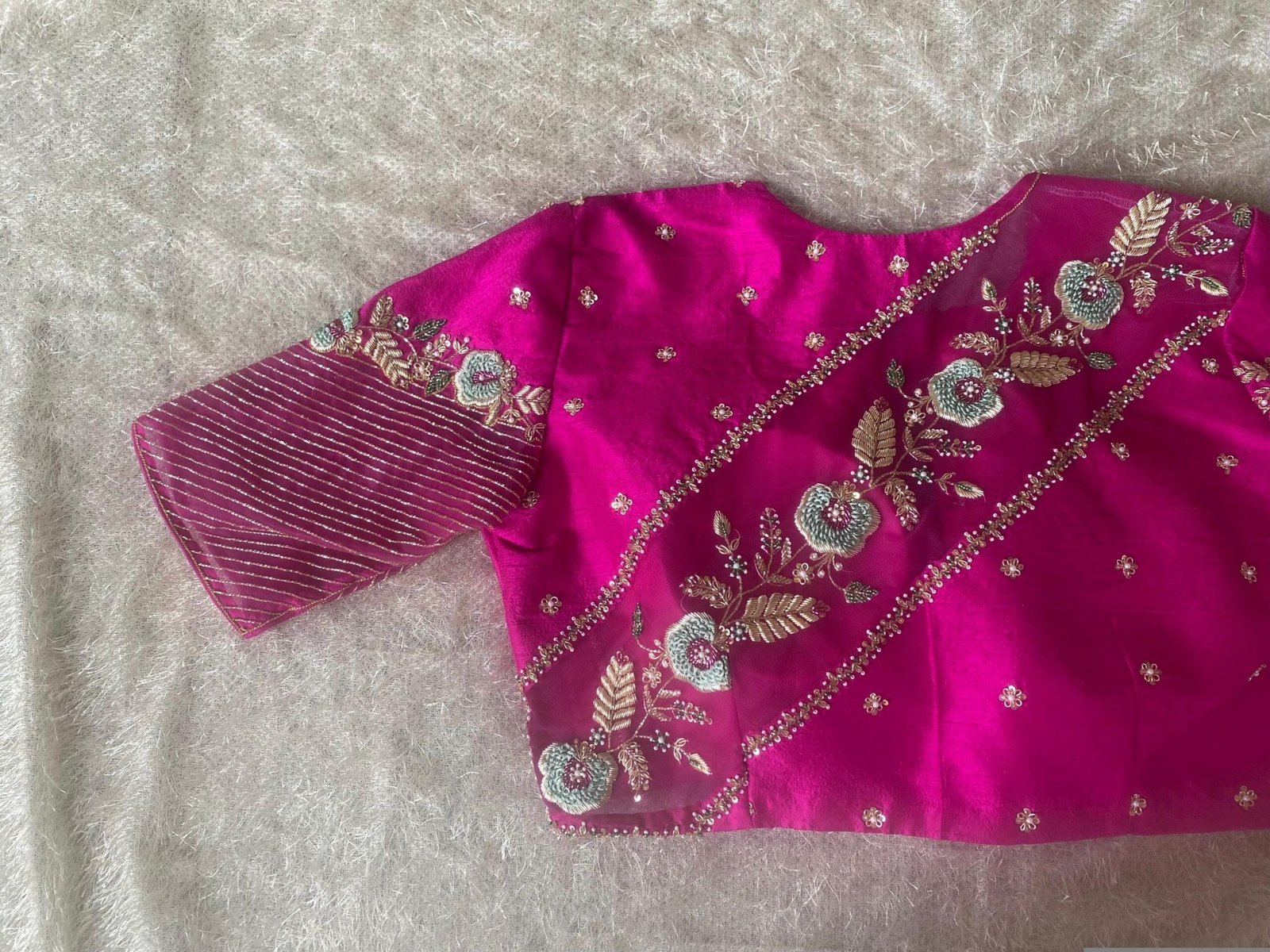 Hand Embroidered Silk Blouse: Pink Zardosi Maggam Work