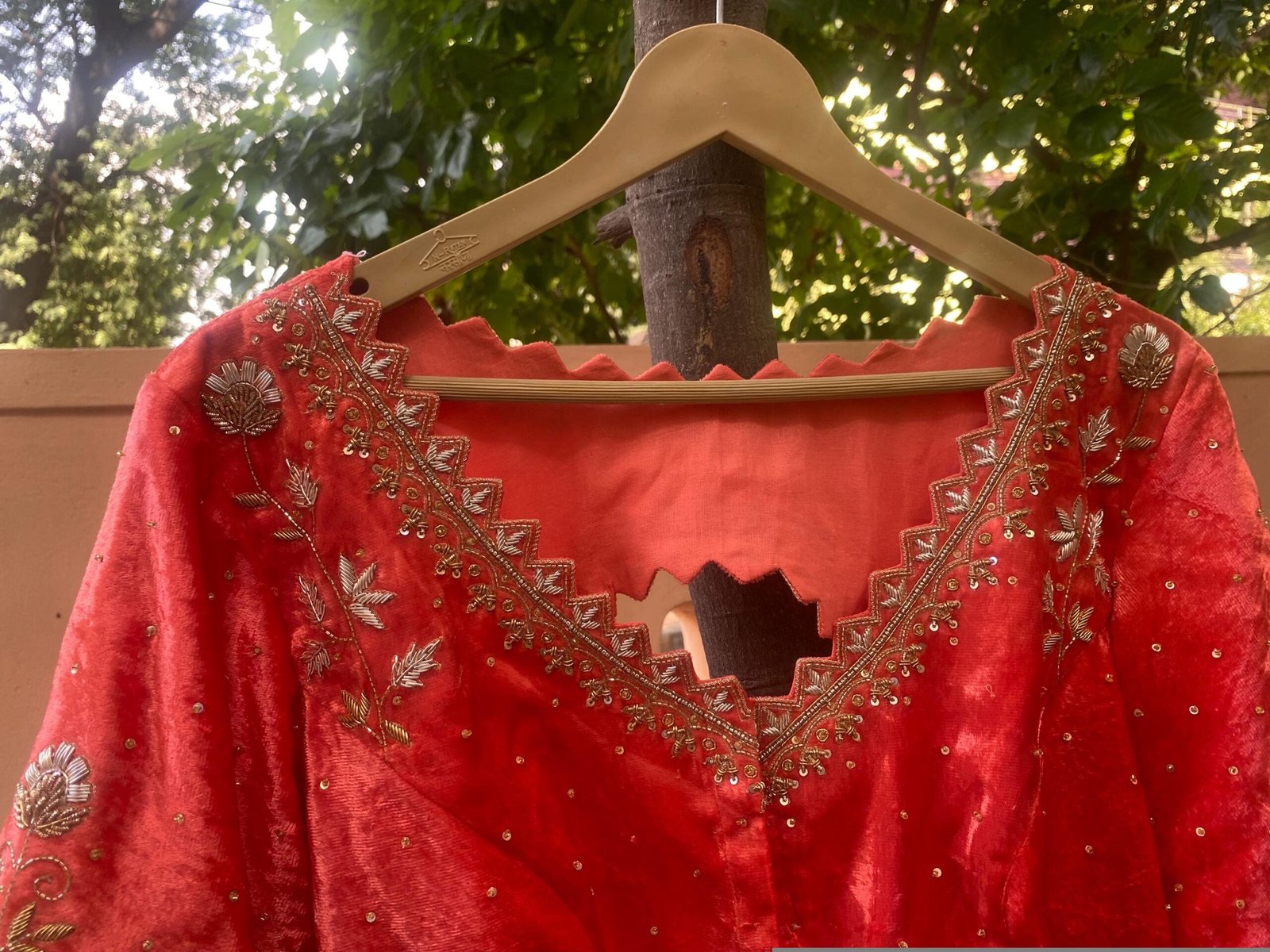 Velvet Zardosi Blouse: Hand Embroidered Cutwork Maggam, Light Orange
