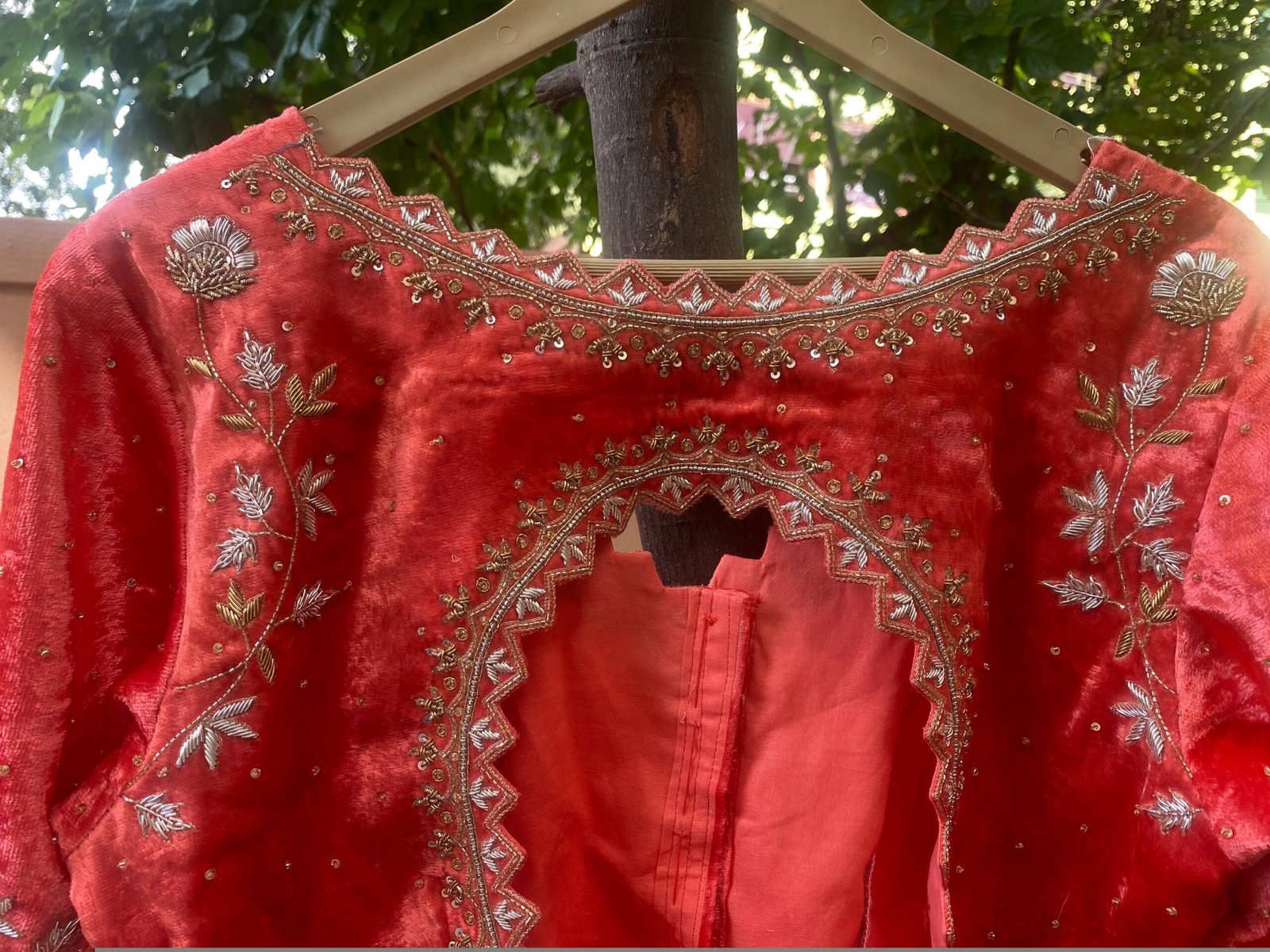Velvet Zardosi Blouse: Hand Embroidered Cutwork Maggam, Light Orange