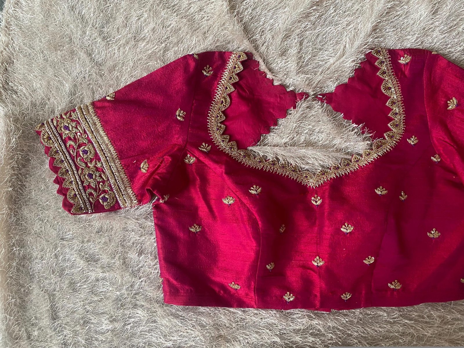 Hand Embroidered Zardosi Silk Blouse: Reddish Pink Maggam Work