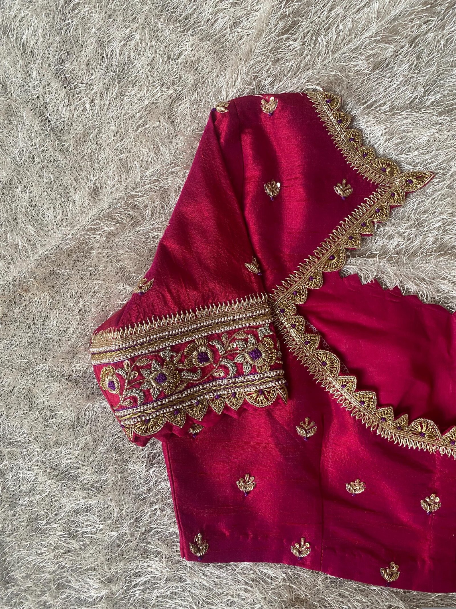 Hand Embroidered Zardosi Silk Blouse: Reddish Pink Maggam Work