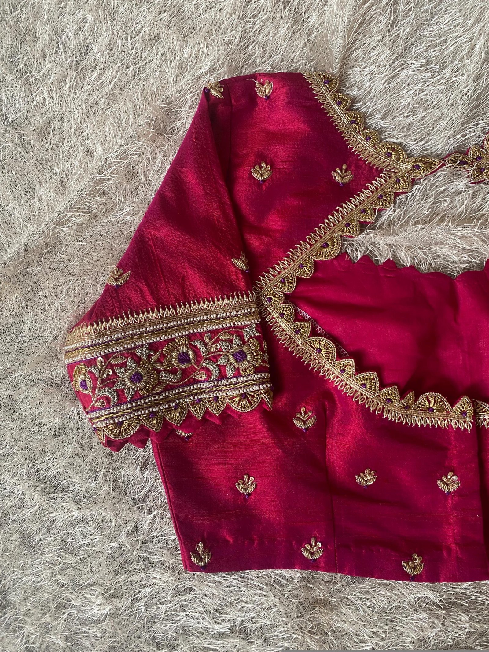 Hand Embroidered Zardosi Silk Blouse: Reddish Pink Maggam Work