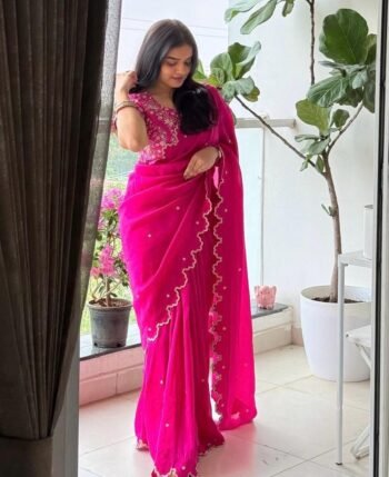 Pink Chiffon Silk Saree: Hand Embroidered Blouse, Maggam Work, pink handwork saree,plus size blouse,hand embroidery saree,ready to wear sare