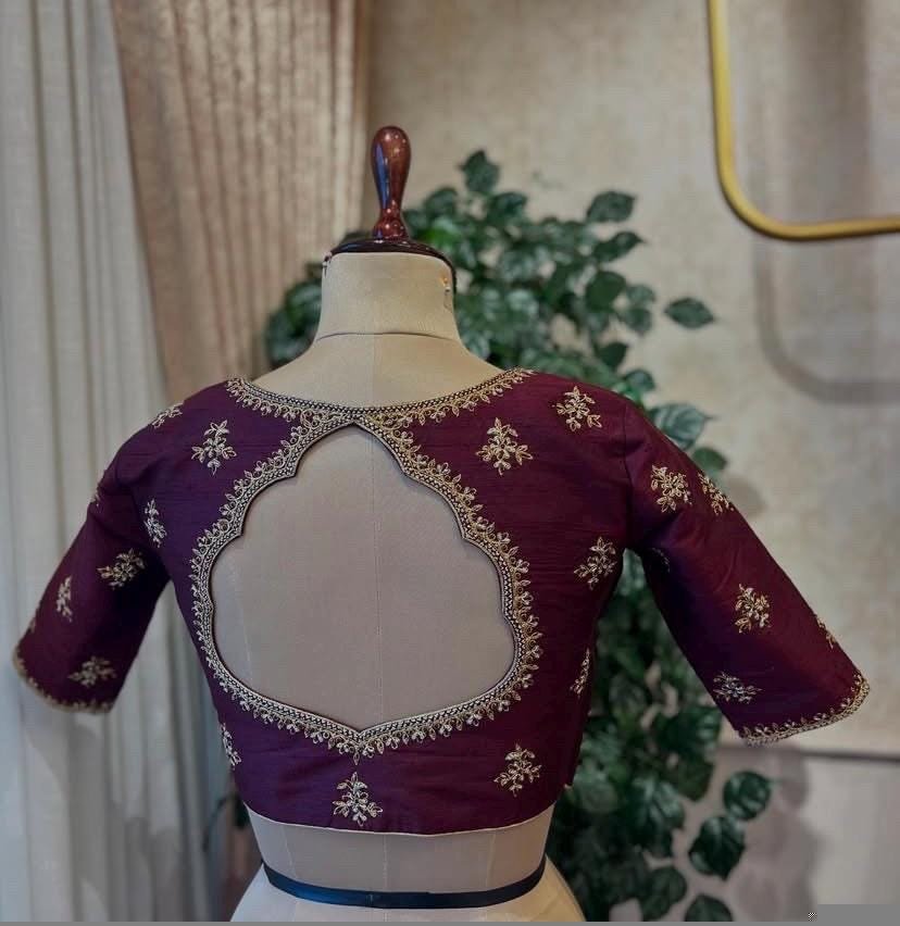 Hand Embroidered Plum Silk Blouse: Zardosi Saree Blouse - Size 42,plus size blouse,handwork blouse,maggam blouse,mix and match blouse USA