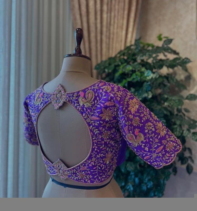 Hand Embroidered Silk Bridal Blouse: Purple Zardosi Wedding Crop Top