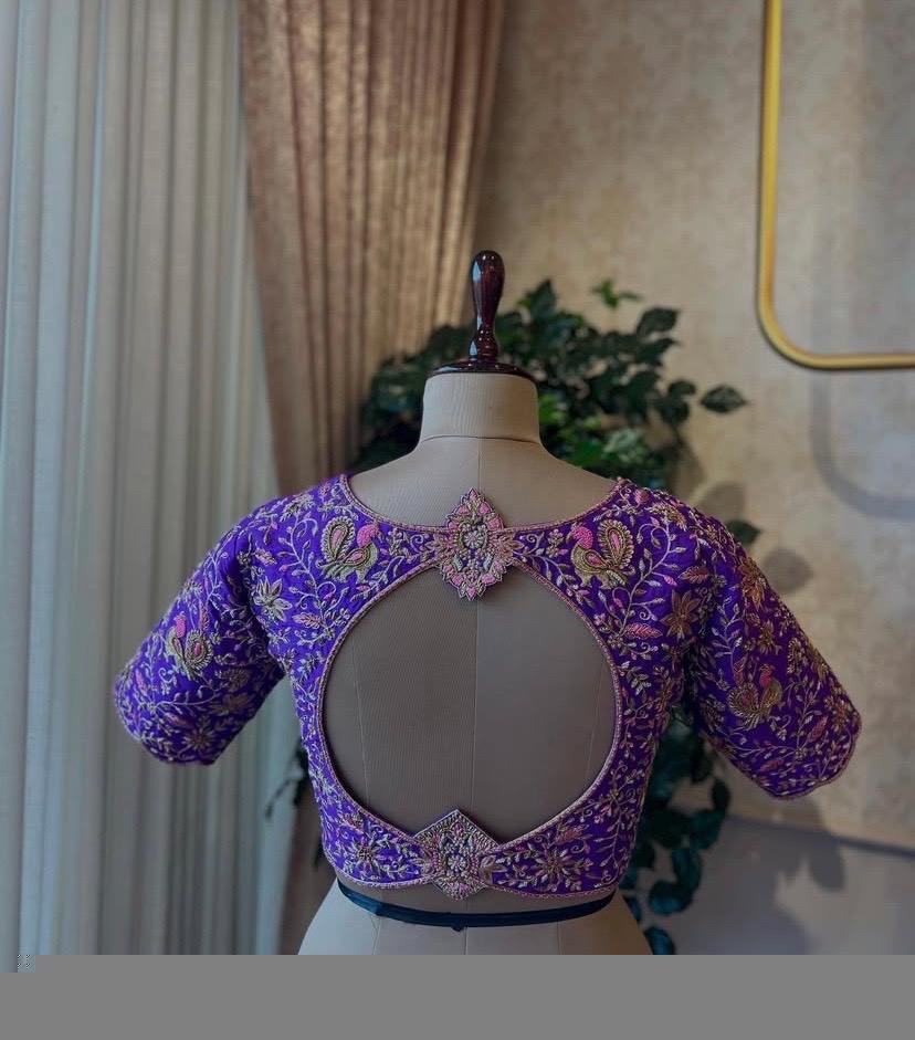 Hand Embroidered Silk Bridal Blouse: Purple Zardosi Wedding Crop Top