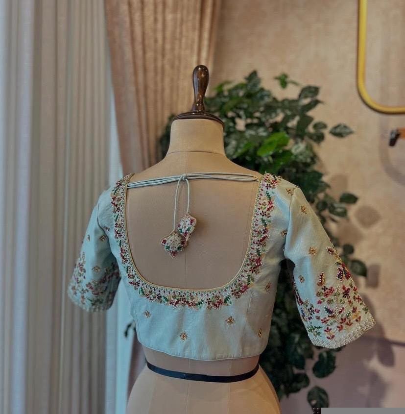 Hand Embroidered Raw Silk Blouse: Beige Zardosi Maggam Work, cream maggam blouse, handwork blouse,plus size blouses USA, custom made blouse