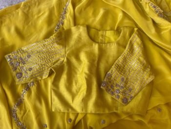 Yellow Crepe Silk Saree: Hand Embroidered Blouse, Haldi Outfit,yellow saree,orange saree,cocktail saree,saree with blouse,haldi saree,soft