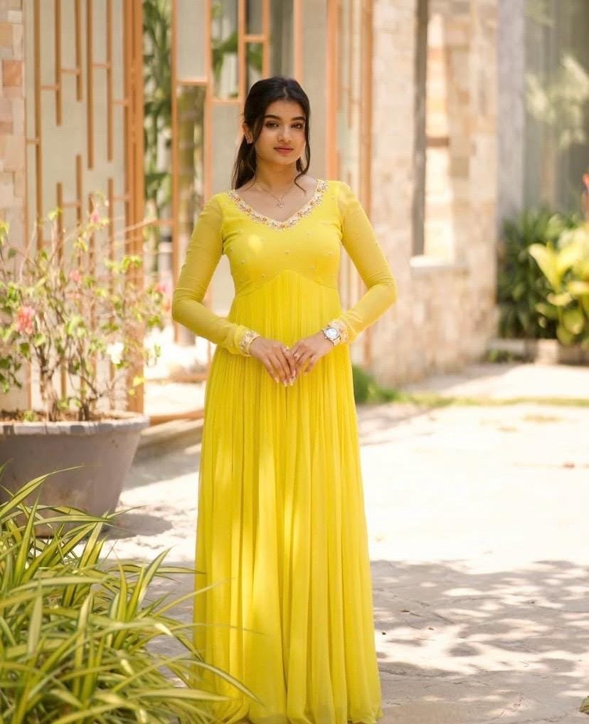 Lemon Yellow Georgette Anarkali Suit: Hand Embroidered Haldi Dress,yellow anarkali kurta,simple anarkali dress,haldi outfit,handwork kurta