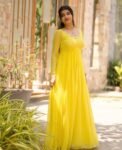 Lemon Yellow Georgette Anarkali Suit: Hand Embroidered Haldi Dress,yellow anarkali kurta,simple anarkali dress,haldi outfit,handwork kurta