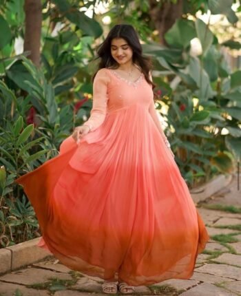 Ombre Anarkali Suit: Hand-Embroidered Georgette Indian Dress