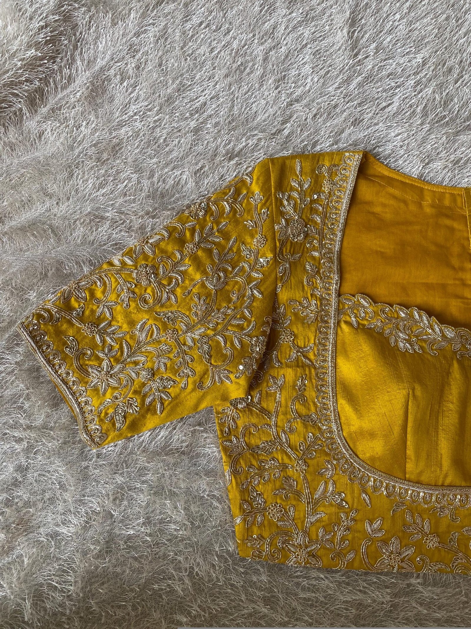 Mustard Yellow Silk Hand Embroidered Blouse: Zardosi Bridal Blouse